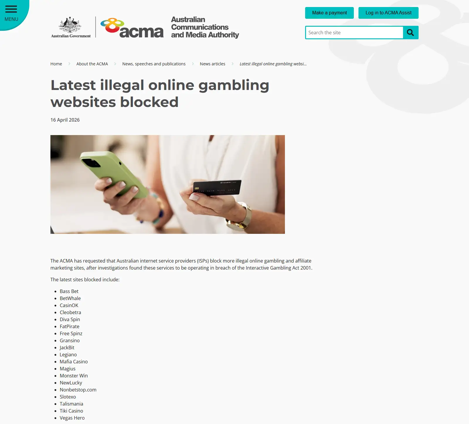 ACMA publication naming Mafia Casino among blocked illegal gambling websites